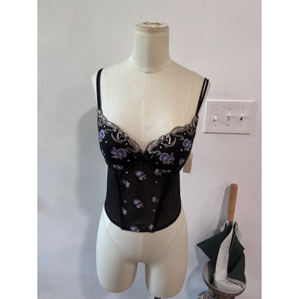Delicates Black Purple Embroidered Mesh Corset Bustier Top Coquette NWT 36A